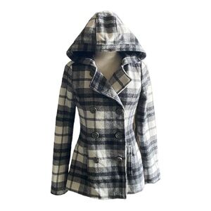 AEROPOSTALE-BLACK AND WHITE PLAID PEACOAT-SIZE